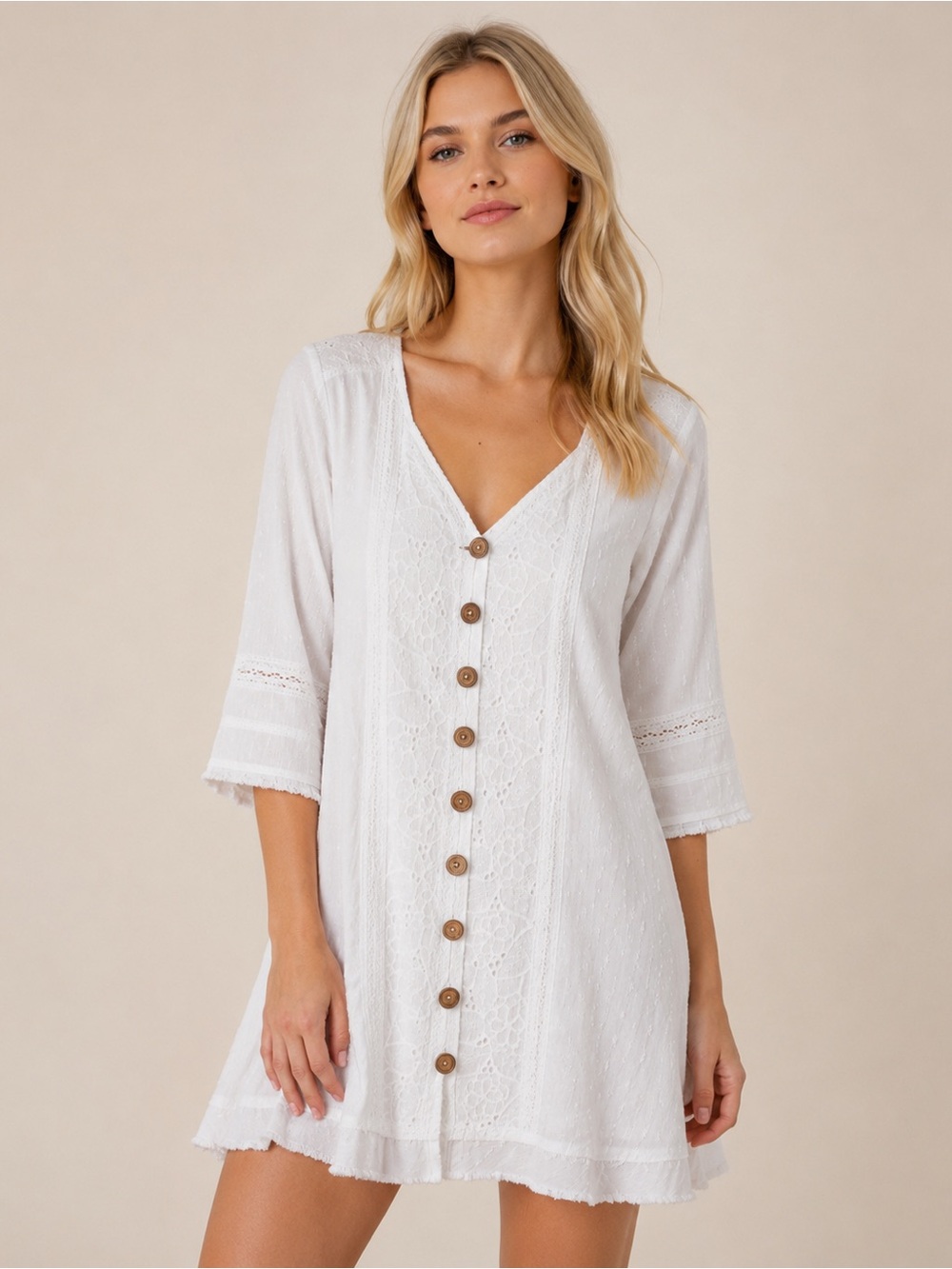 VICI White Button-Front Mini Dress with Lace Insets and wood Buttons